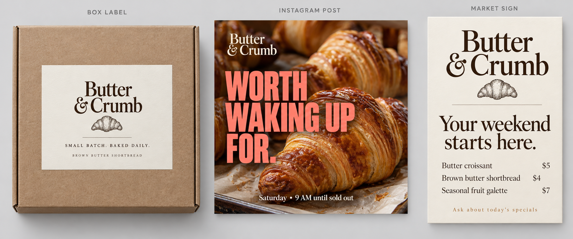 Butter & Crumb fictional bakery brand board showing a cream box label with croissant illustration, a pastry Instagram post with coral headline, and a market sign with menu and prices.