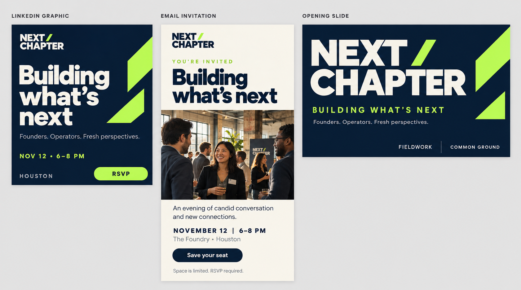 Next / Chapter fictional event brand board showing navy and lime LinkedIn creative, a light email invitation with networking photography, and a bold opening slide with a slash motif.
