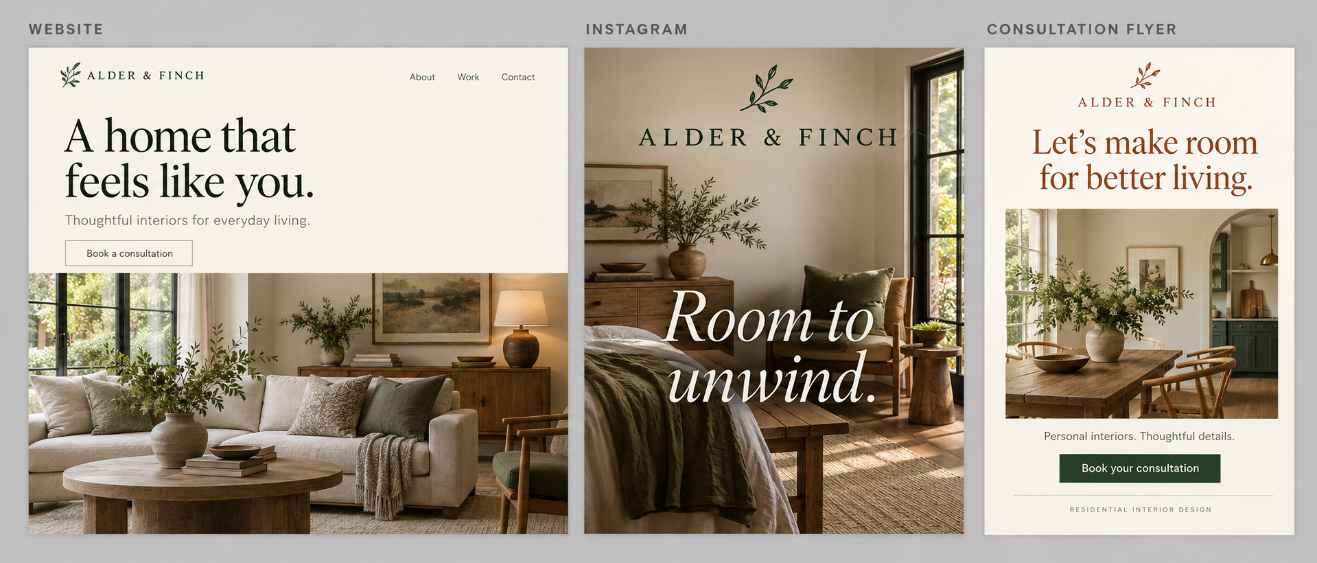 Alder & Finch fictional interior-design brand board showing a website, Instagram creative and consultation flyer with warm room photography, leafy logos and serif headings.